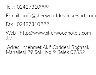 Sherwood Dreams Resort iletiim bilgileri